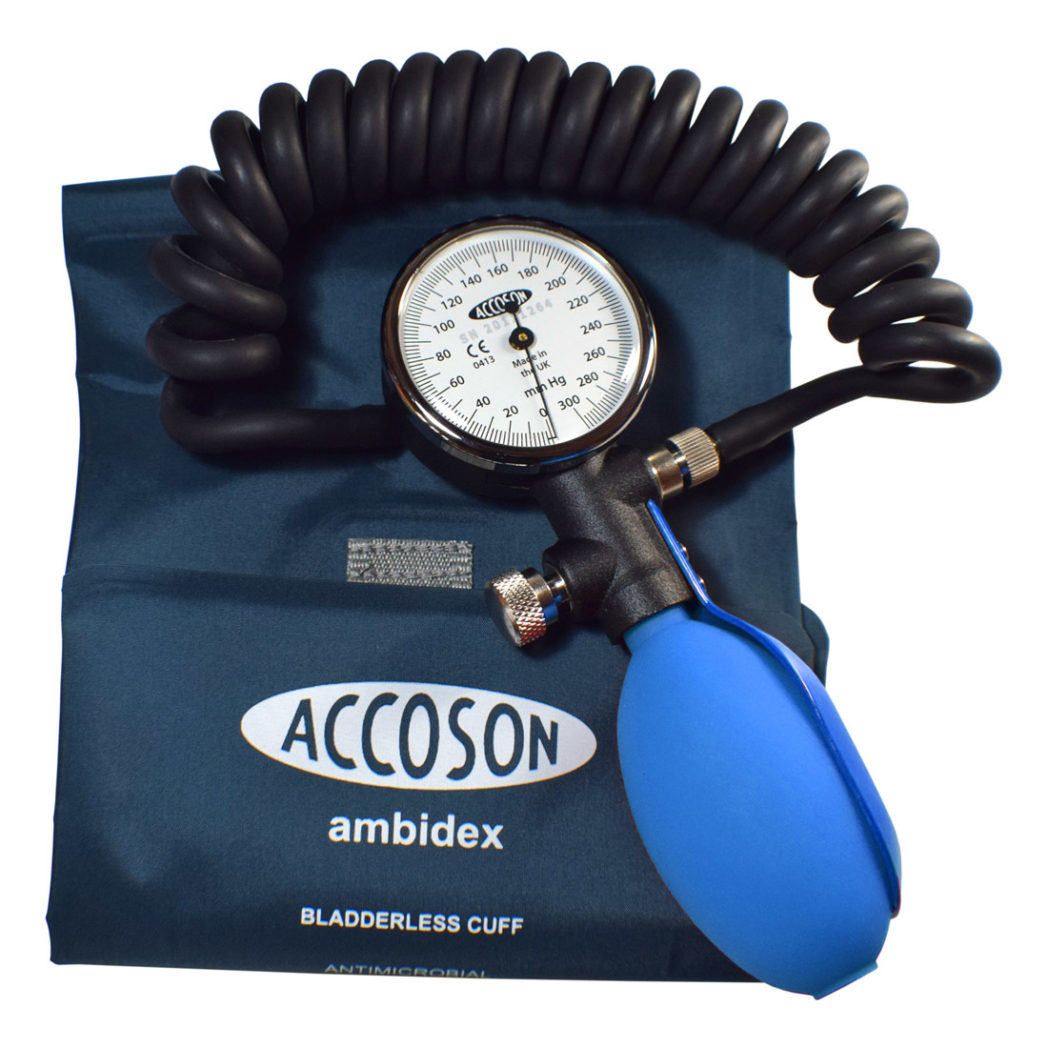 Accoson Duplex Hand Held Sphygmomanometer with Ambidex Cuff and Blue Inflation Bulb